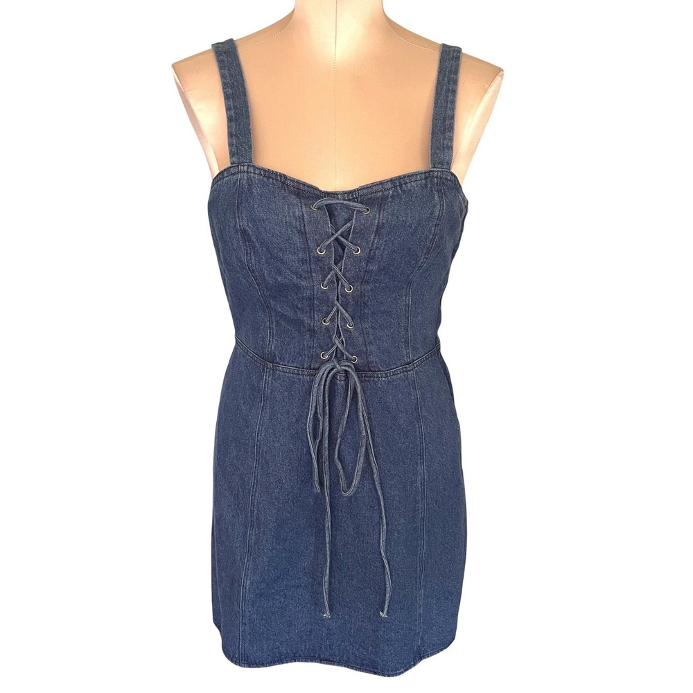 BB Dakota Denim Mini Dress Lace Up Corset Front Dark Wash Blue Size Western Boho